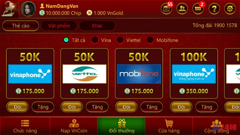 Hình thức đổi thưởng của game danh bai doi ra tien that