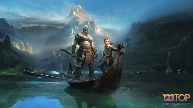 Cảnh chiến đấu căng thẳng trong God of War Series nơi Kratos và Atreus đối đầu với các vị thần Bắc Âu